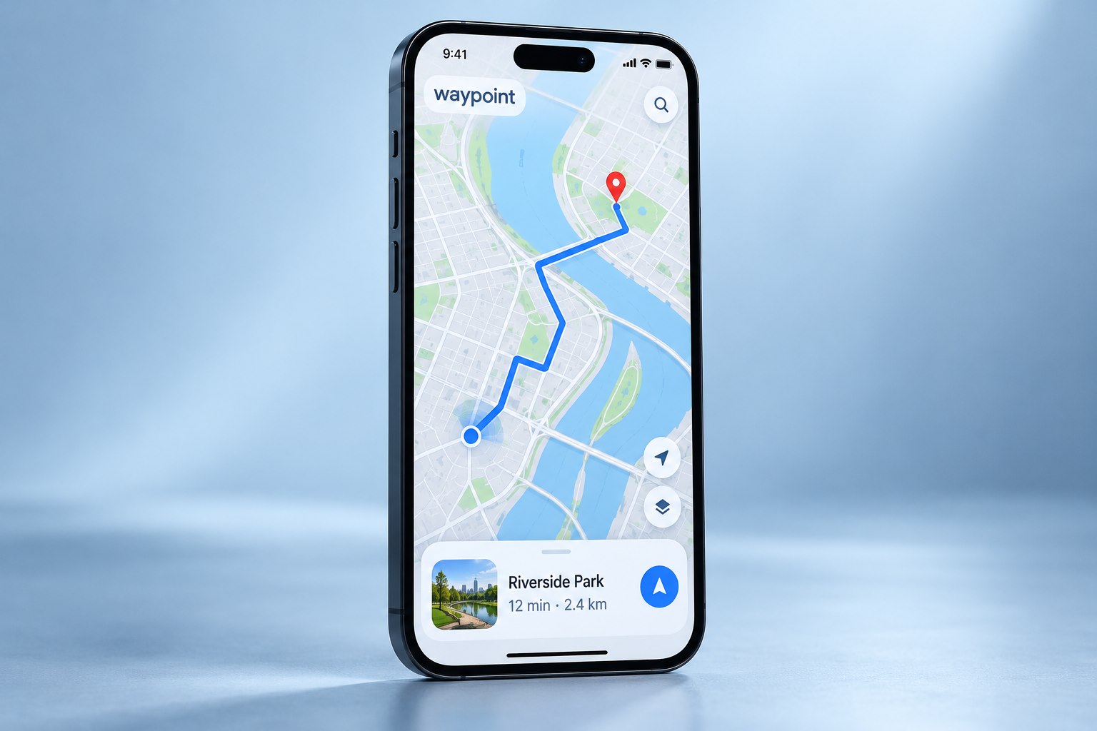 Sample navigation app on a smartphone, showing a city map, blue route and arrival information